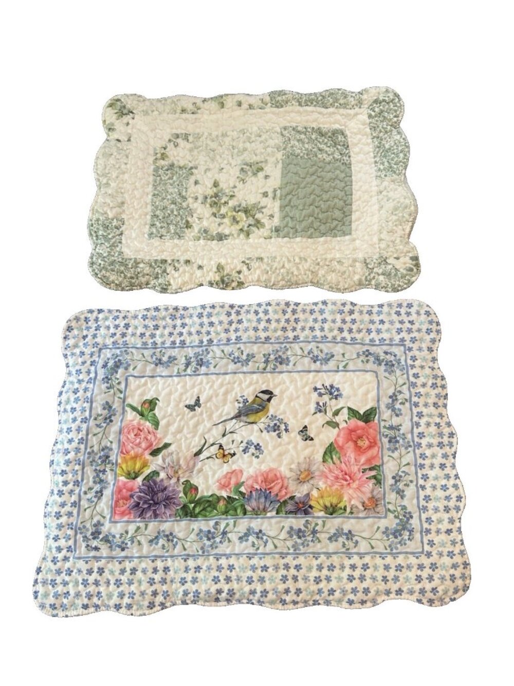 Cottagecore Quilted Pillowcases Set of 2 Blue Green Bird Flowers Farmhouse 25x19